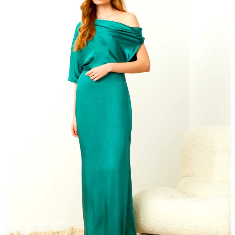 Green gown, hand made in Lithuania.Draped off the shoulder and super flattering